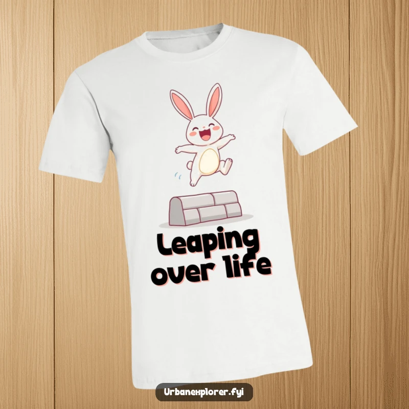 Funny T-Shirt depicting an ecstatic bunny character mid-air, triumphantly clearing a small urban hurdle with visible joy and athleticism.