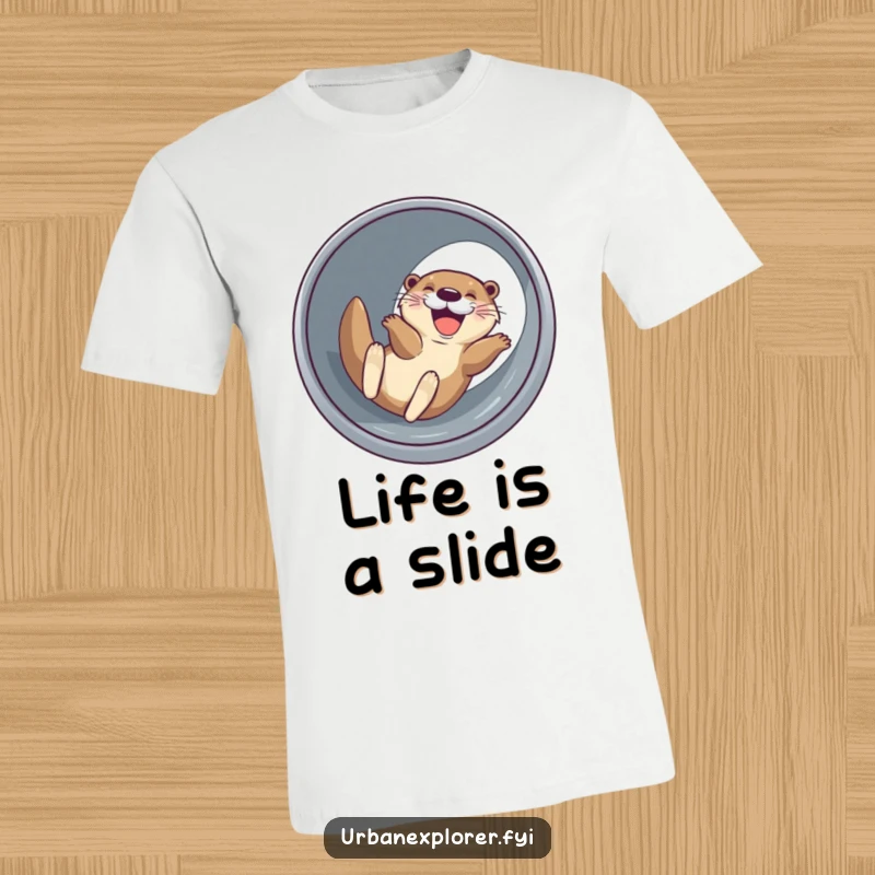 Funny joyful otter with a wide grin, comically sliding down a drainage pipe, a humorous and energetic t-shirt.