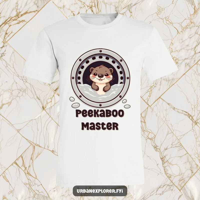 Funny otter with a big grin, peeking out from a sewer grate, printed on a t-shirt.