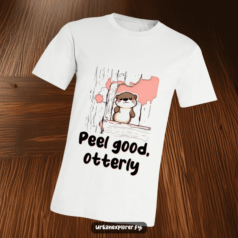 Funny Otter T-Shirt: A cute cartoon otter intently sketching peeling paint on a weathered vintage structure, radiating quirky charm and humor.