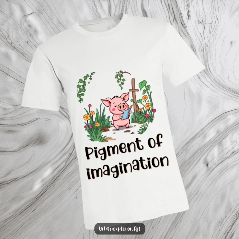 Funny Pig T-Shirt: A goofy cartoon pig with a sketchbook, drawing an overgrown, forgotten garden, radiating artistic charm.