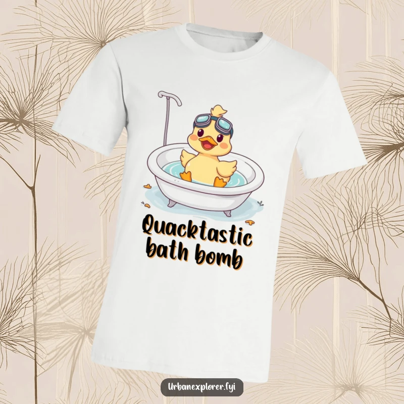 Funny Kawaii duck with goggles, floating joyfully in a bathtub, printed on a soft and breathable t-shirt.