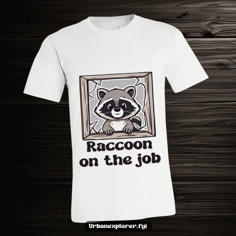 Funny raccoon t-shirt, cartoon raccoon breaking window, mischievous pet apparel, funny graphic tee, gift for prankster.