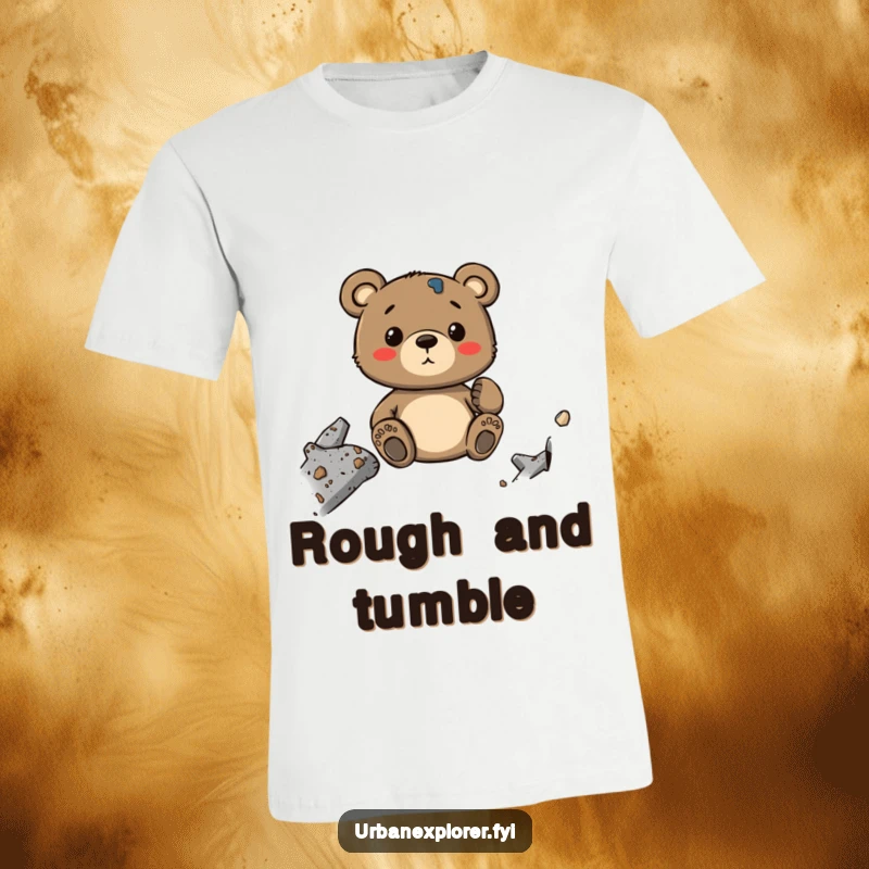 Funny Bear T-Shirt: A whimsical cartoon bear exploring the textures of industrial decay, like peeling paint and rusted metal, with delight.