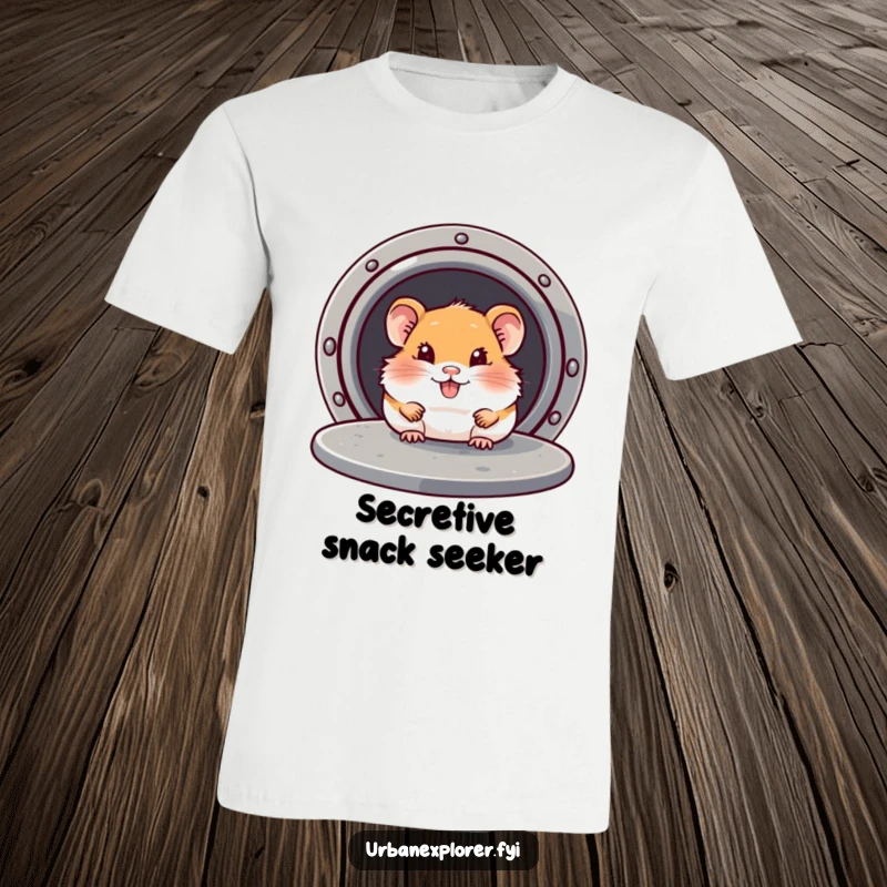 Funny Hamster T-Shirt: Hamster peeking out from under a manhole cover, conveying a sense of mystery and playful exploration.