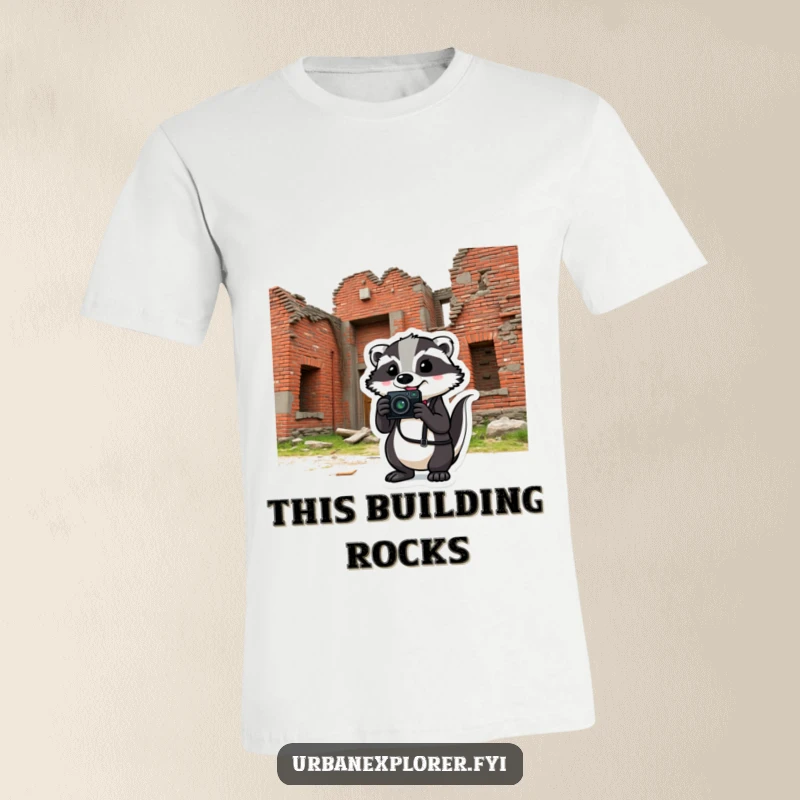 Comical badger holding a camera in front of a crumbling brick building, wearing a humorous photographer t-shirt.
