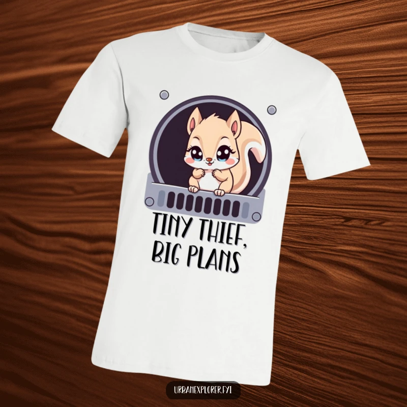 Funny Kawaii squirrel with big eyes, mischievously looking into a ventilation grate, printed on a comfortable t-shirt.