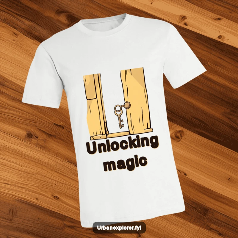 Funny whimsical key about to unlock an old, creaky door, printed on a t-shirt for a touch of playful intrigue.