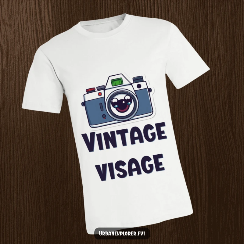 Funny retro camera featuring surprised cartoon eyes on a t-shirt, perfect for photographers with a sense of humor.