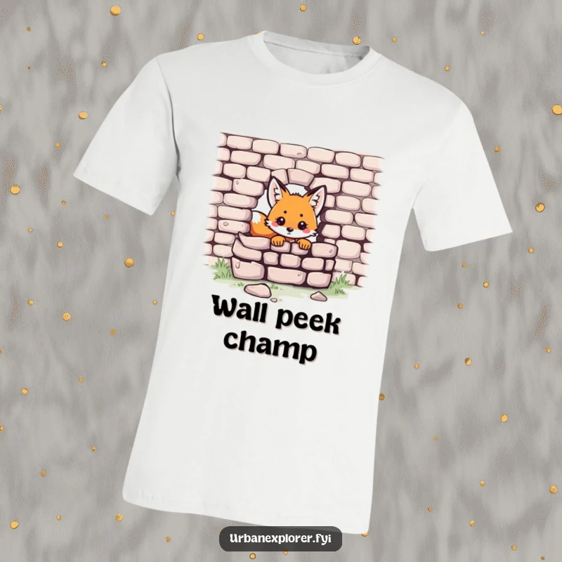 Funny Kawaii fox t-shirt featuring an endearing small fox peeking out from behind a rustic brick wall.