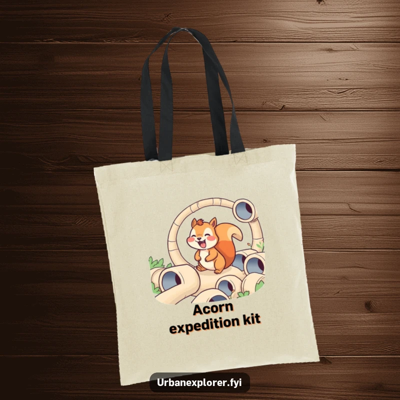 Funny tote bag depicting a joyful squirrel navigating a maze of tiny pipes, great for carrying essentials with a humorous flair.