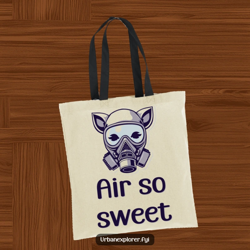 Funny gas mask tote bag, cute animal ears, stylized carrier, humorous fashion accessory, gift for trend follower.