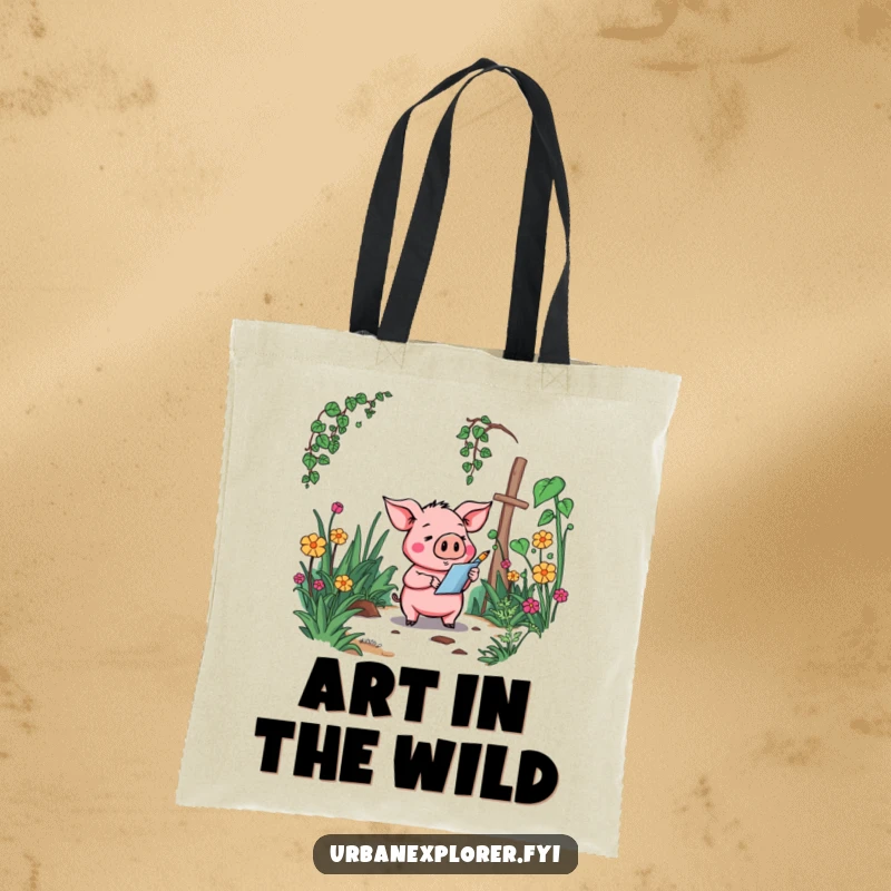 Funny Pig Tote Bag: A goofy cartoon pig carrying art supplies, set against an overgrown, forgotten garden background.