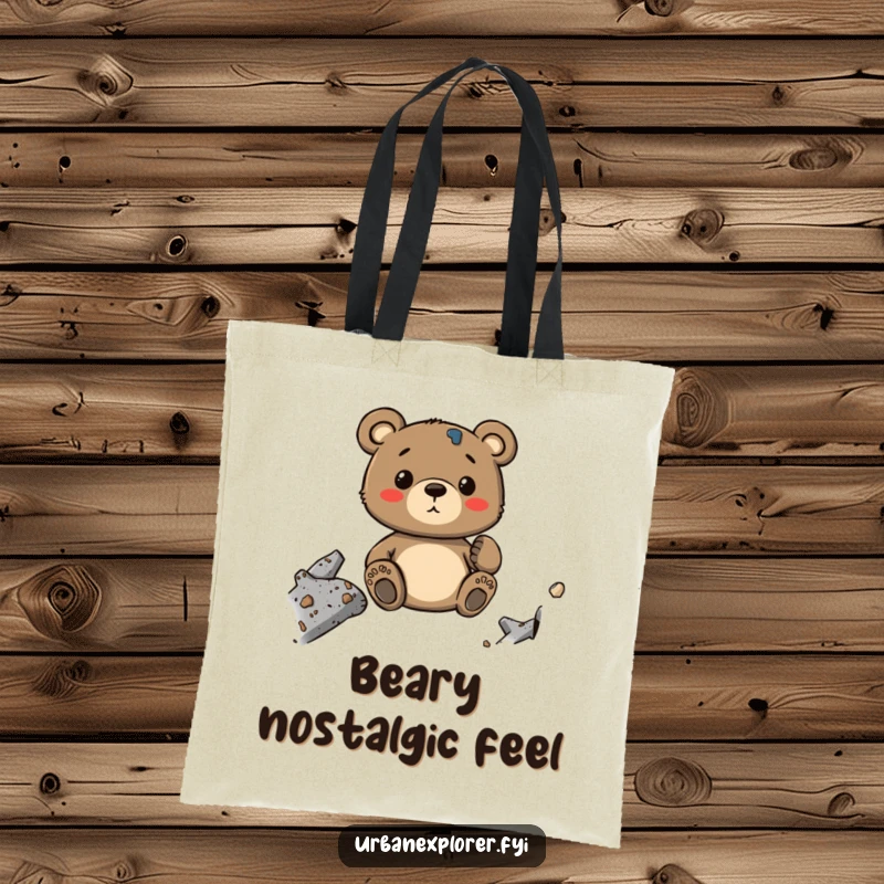 Funny Bear Tote Bag: A whimsical cartoon bear carrying a bag, admiring the rough textures of industrial decay like concrete and metal.