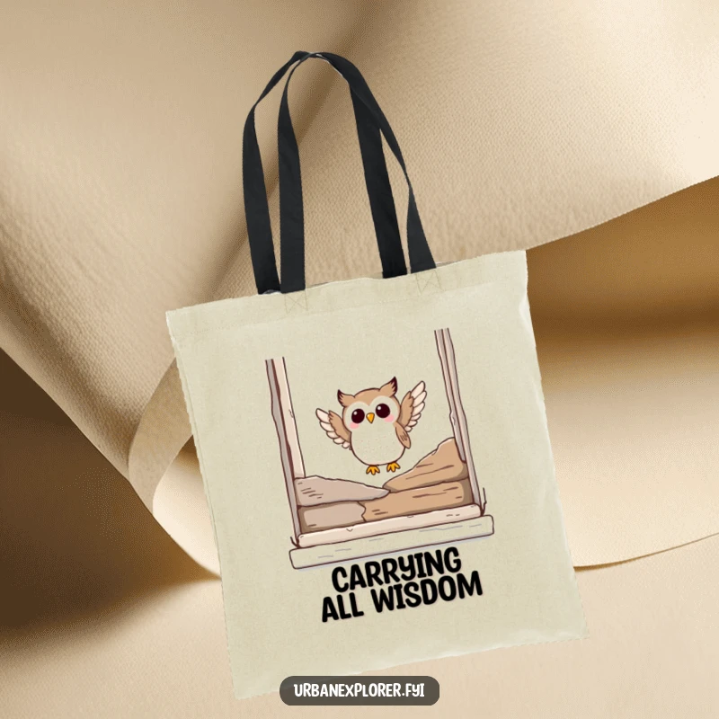 Funny owl tote bag with a joyful owl landing on a broken window ledge, perfect for carrying books or groceries.