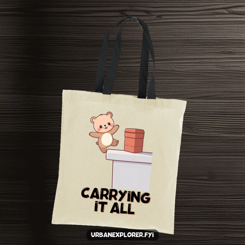 Funny Kawaii Bear Tote Bag, cute bear balancing on a rooftop edge, practical and humorous design, great funny gift.