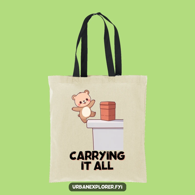 Funny Kawaii Bear Tote Bag: Durable Rooftop Balance Canvas Bag, Perfect Funny Gift
