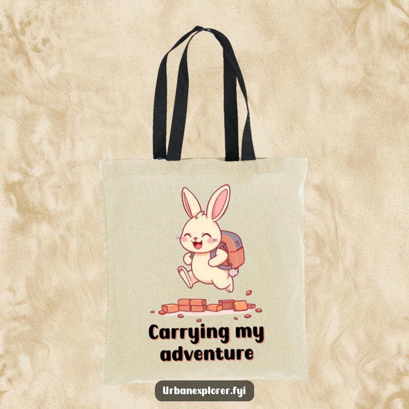 Funny smiling bunny with a backpack, leaping over tiny scattered bricks, a humorous and practical tote bag.