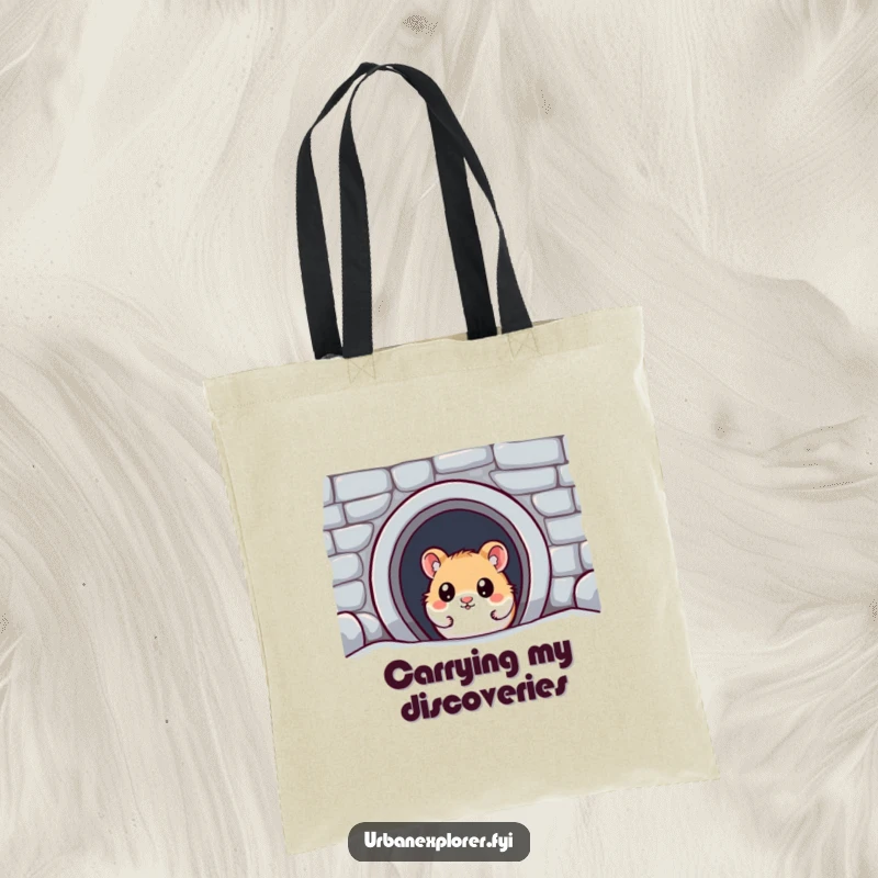 Funny Kawaii Hamster Tote Bag: A cute hamster with wide eyes discovers a hidden subway entrance, perfect for carrying treasures humorously.