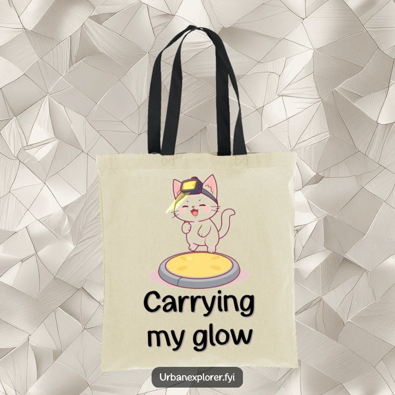 Funny giggling white kitten with a headlamp bouncing on a manhole cover, printed on a durable and humorous tote bag.