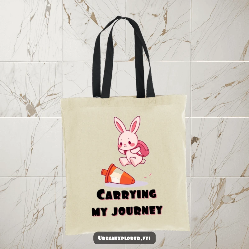 Funny tote bag with a determined pink bunny wearing a backpack, jumping over an upside-down traffic cone.