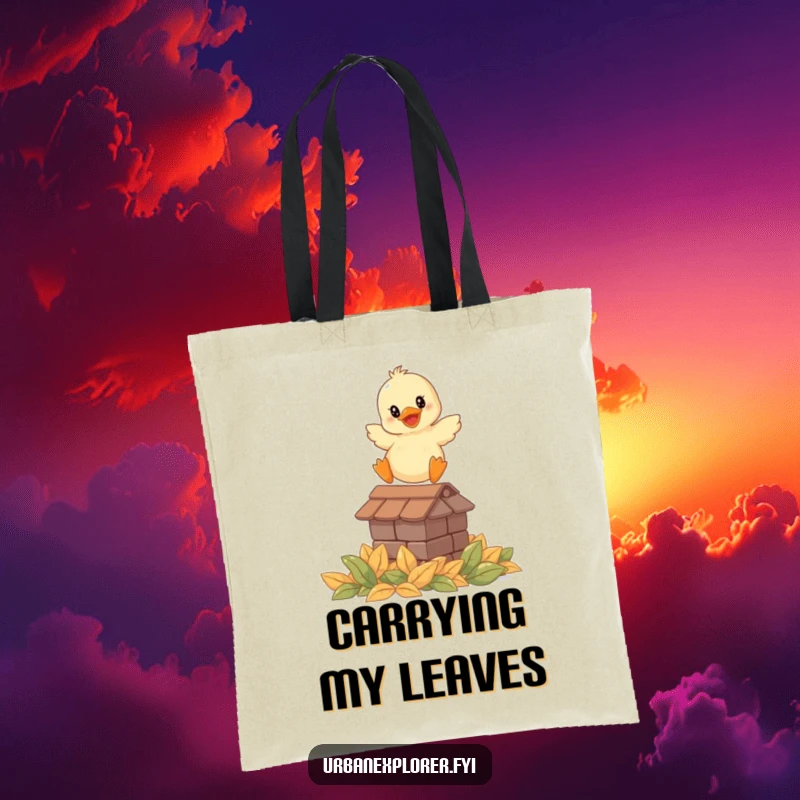 Funny tote bag with a smiling duckling leaping from a rooftop onto leaves, perfect for carrying items with a humorous touch.