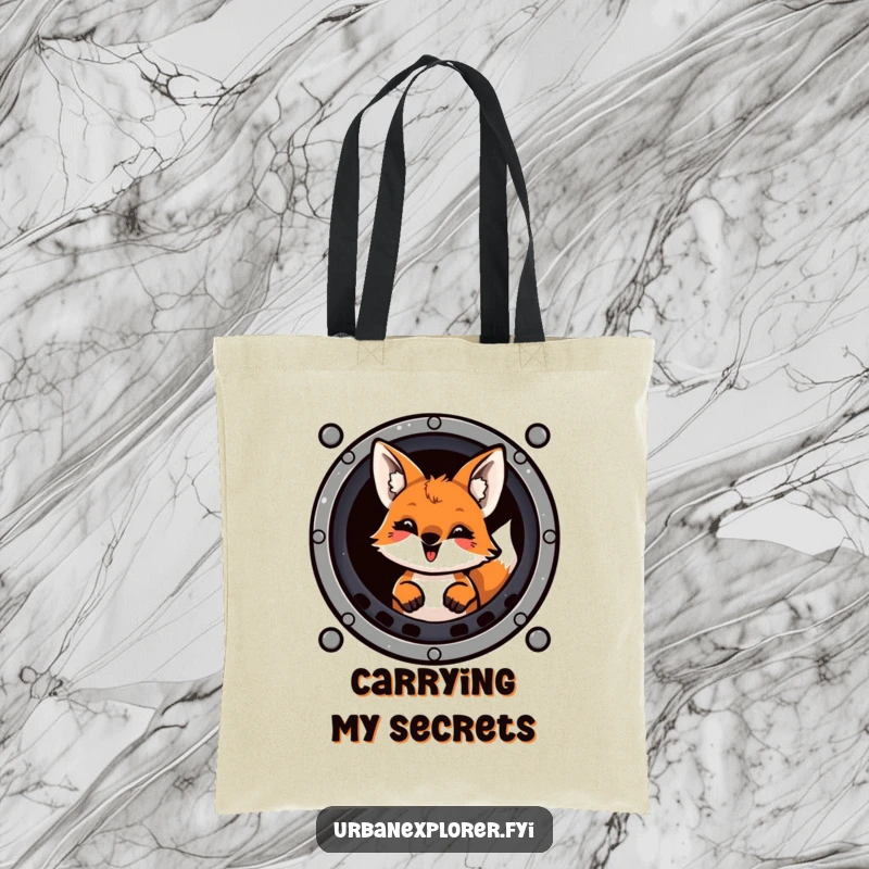 Funny mischievous fox peeking from a sewer grate with a playful grin, on a reusable tote bag.