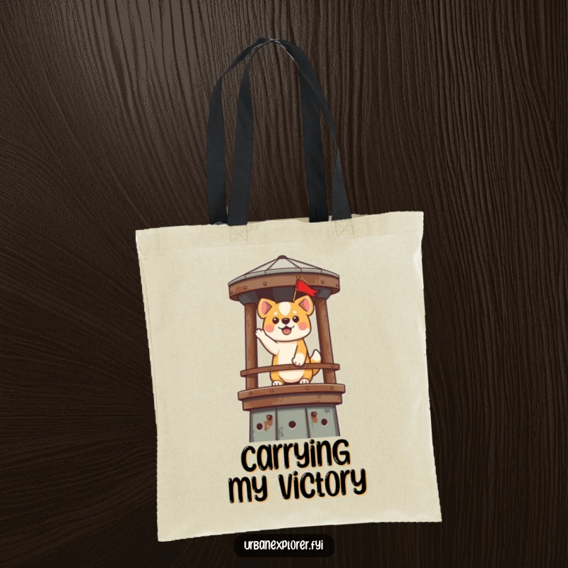 Funny Kawaii Dog Tote Bag: A cute dog triumphantly plants a tiny flag on a rusty water tower, perfect for carrying treasures humorously.