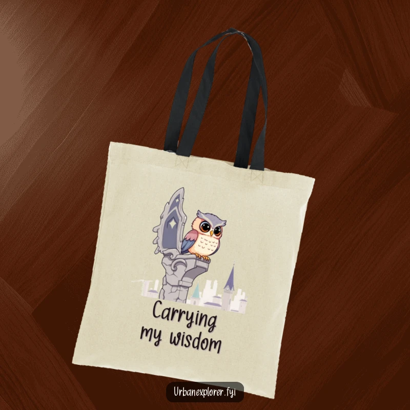 Funny Kawaii Owl Tote Bag: A kawaii owl surveys the city from a crumbling gargoyle, perfect for carrying treasures with humor.