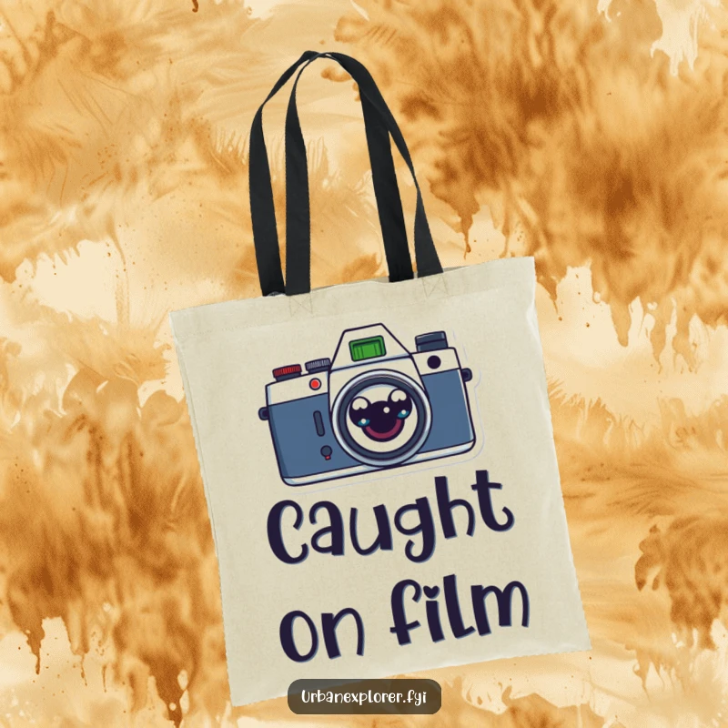 Funny retro camera with surprised cartoon eyes on a tote bag, perfect for carrying photography gear or daily items with humor.