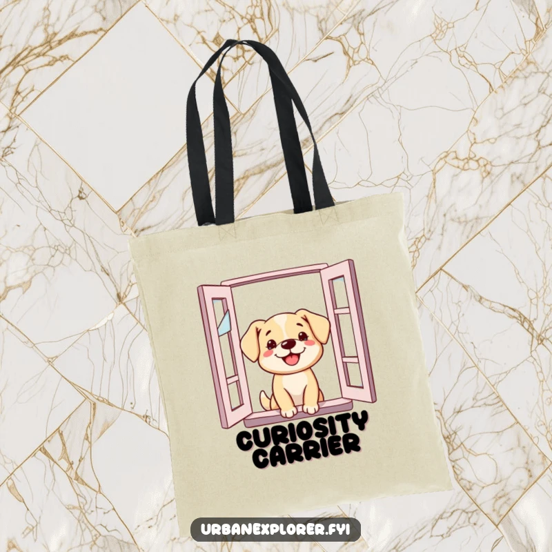Funny Dog Tote Bag: Dog’s head emerging from a broken window, representing curiosity and the joy of discovery, ideal for daily use.