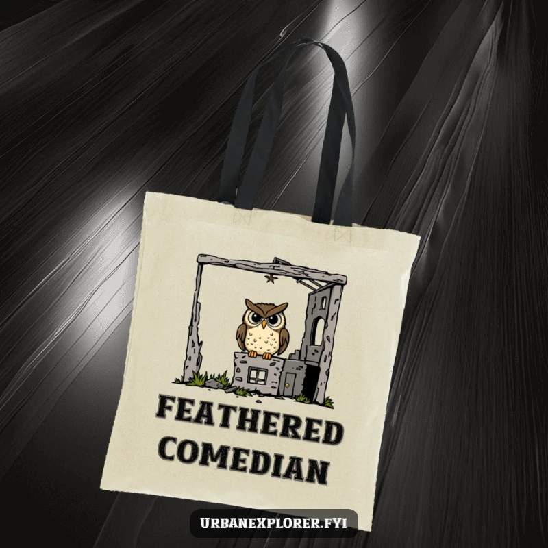 Funny goofy owl inside a derelict building on a tote bag, ideal for carrying items with a touch of eccentric humor.