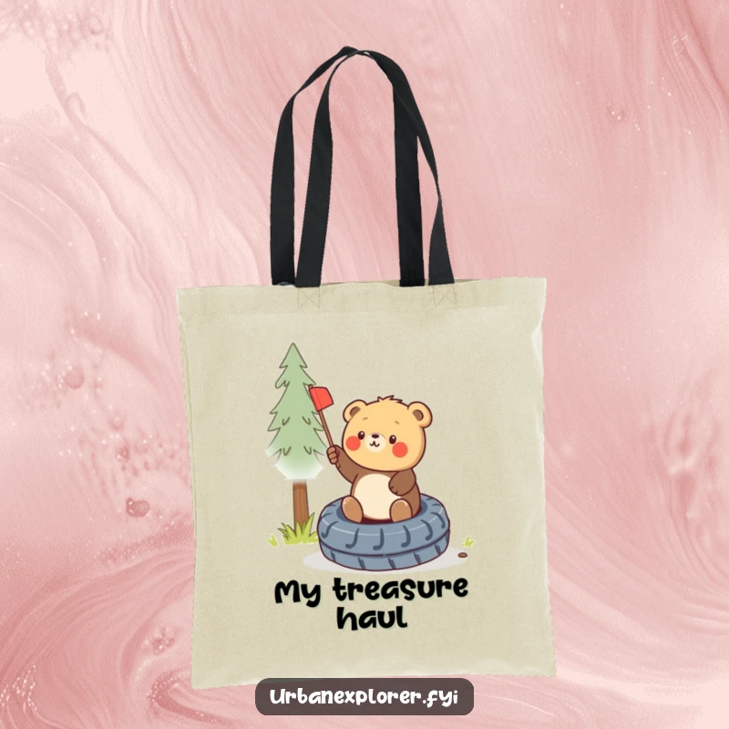 Funny round bear cub planting a flag on a tire, printed on a durable and stylish tote bag.