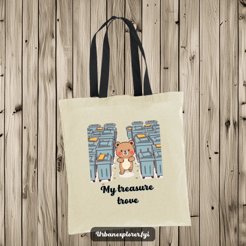 Funny bear bravely navigating a maze of dumpsters with delight, on a durable tote bag.