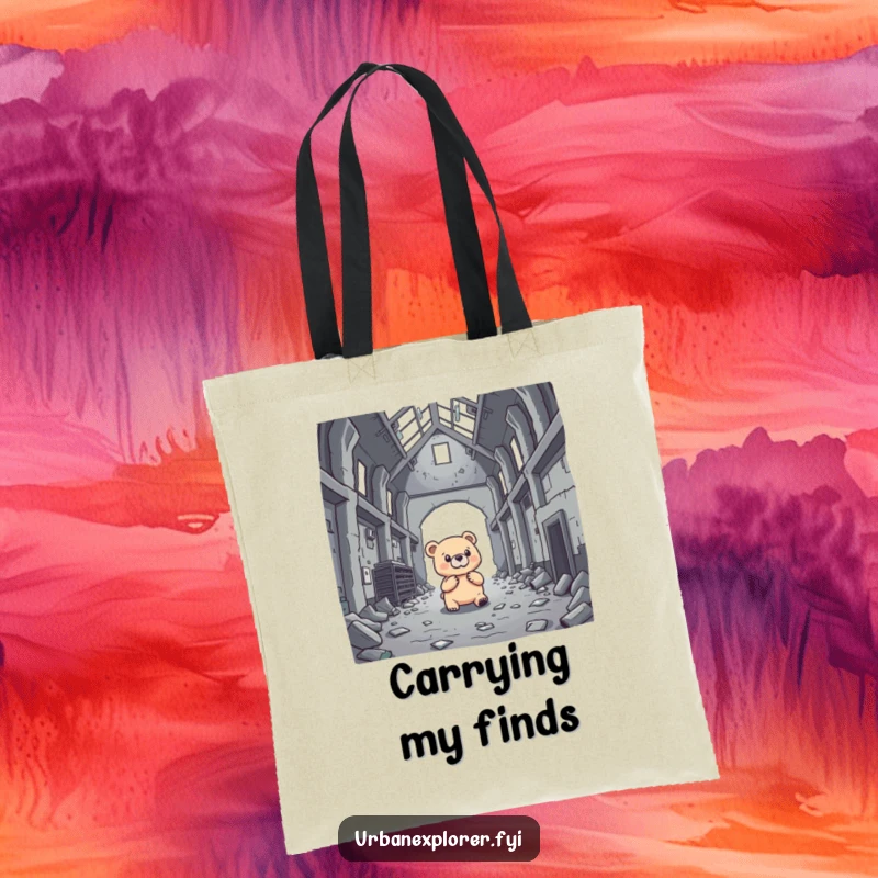 Funny brave bear investigating an abandoned warehouse, ears perked, on a versatile tote bag.