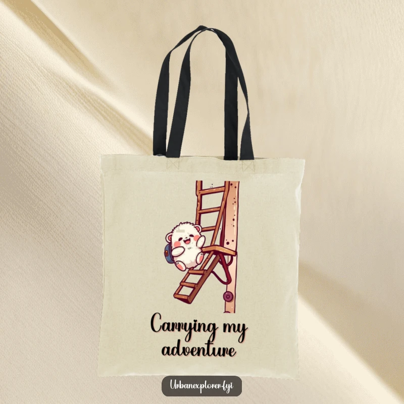 Funny fluffy creature with a backpack sliding down a fire escape, printed on a durable and eye-catching tote bag.