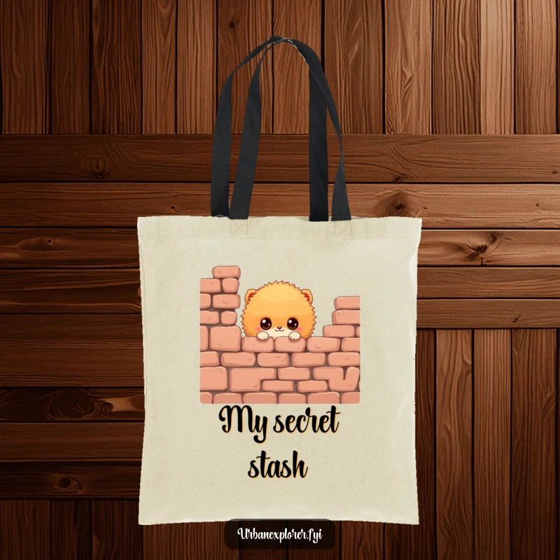 Funny Fluffy Creature Tote Bag: A fluffy creature peeking from a wall, perfect for carrying essentials, a great funny gift.