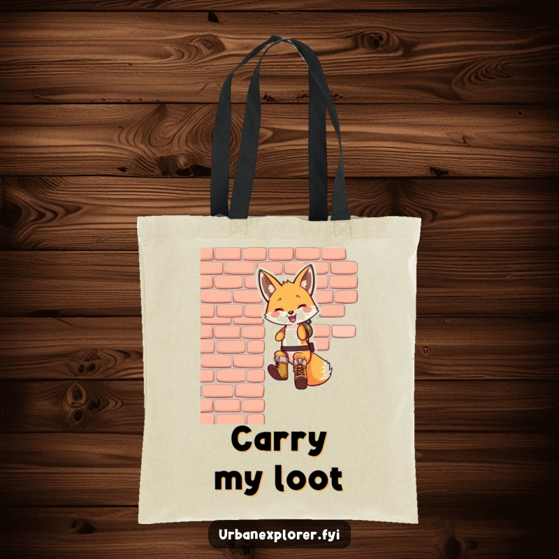 Funny fox tote bag: a smiling fox in tiny boots rappelling down a brick wall, showcasing an adventurous and playful personality.