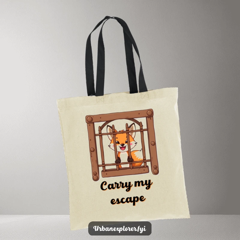 Funny Tote Bag: A brave fox peeks through a barred window with an excited smile, ready for adventure.
