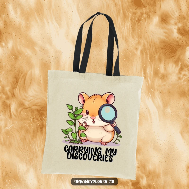 Funny hamster tote bag, a curious hamster with a magnifying glass, examining a tiny overgrown weed, a practical and humorous accessory.