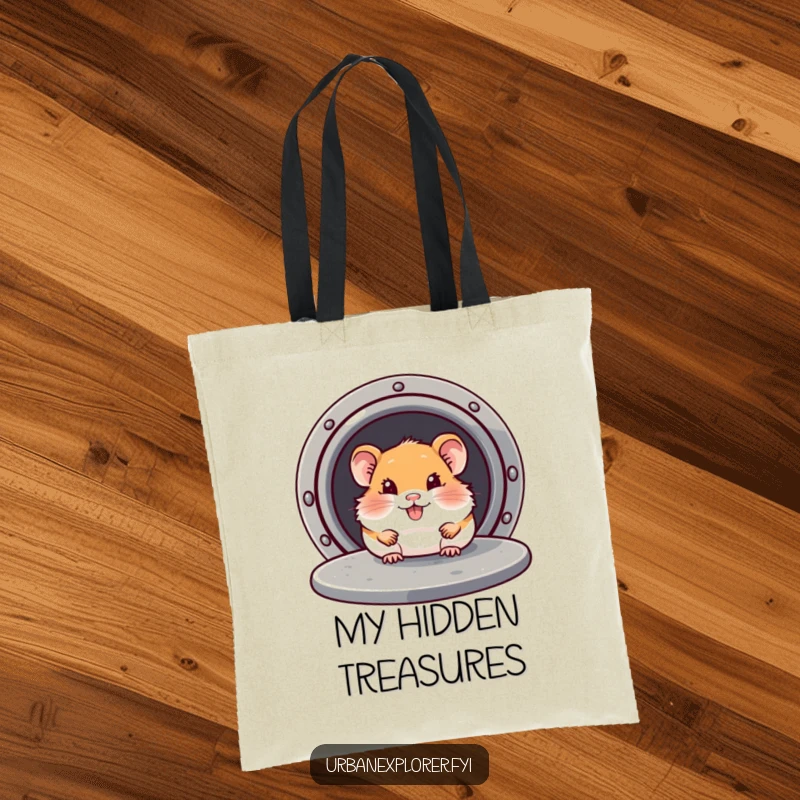 Funny Hamster Tote Bag: Hamster peeking from under a manhole cover, representing secret discoveries and playful exploration, ideal for daily errands.