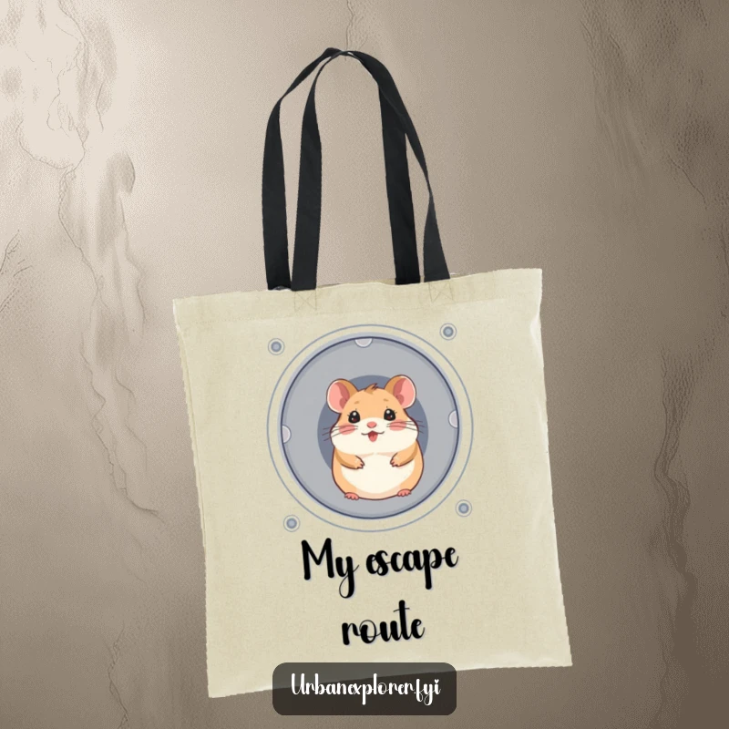 Funny, cheerful hamster peeking out from a ventilation shaft, on a durable tote bag.