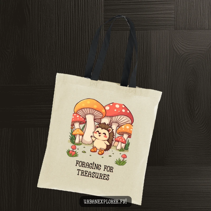 Funny Tote Bag: A happy hedgehog wearing tiny boots excitedly explores giant, colorful mushrooms.