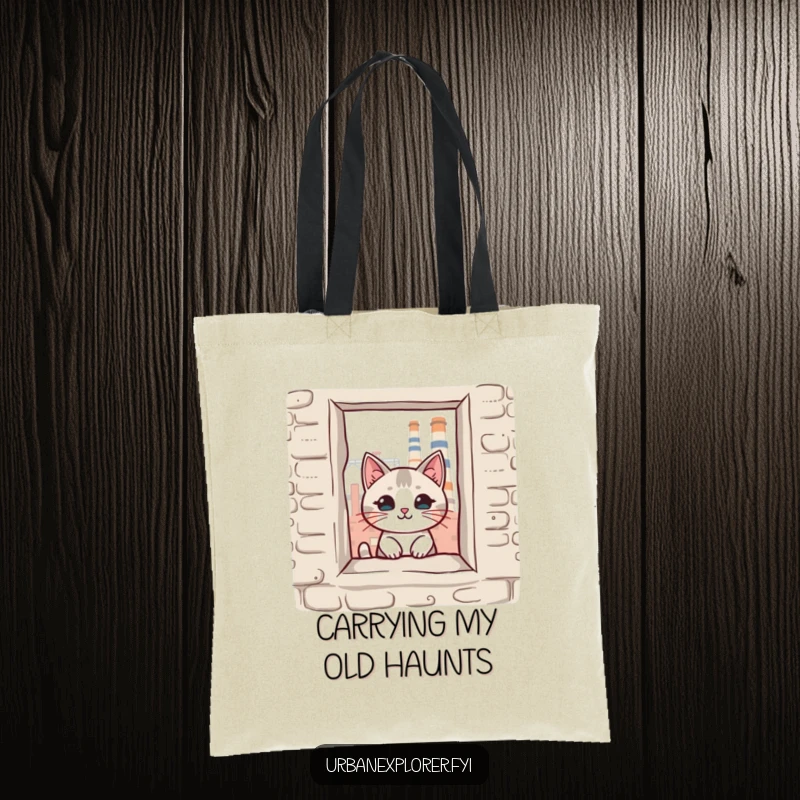 Funny kawaii cat peeking through a broken window of an old factory, printed on a spacious tote bag, perfect for a funny gift.