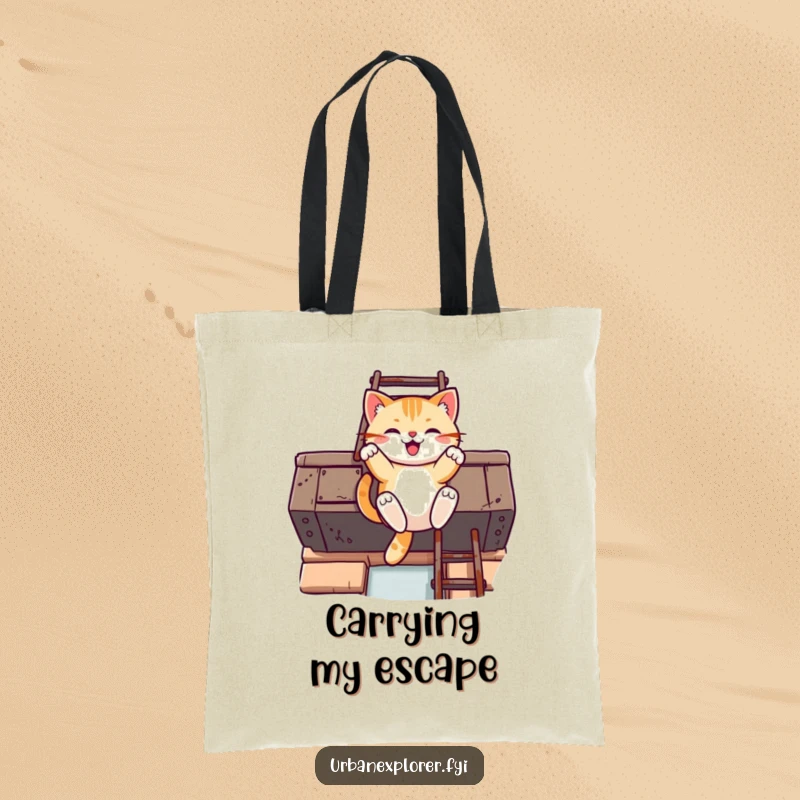 Funny Kawaii cat tote bag featuring a cat swinging from a fire escape ladder, ready for city adventures.