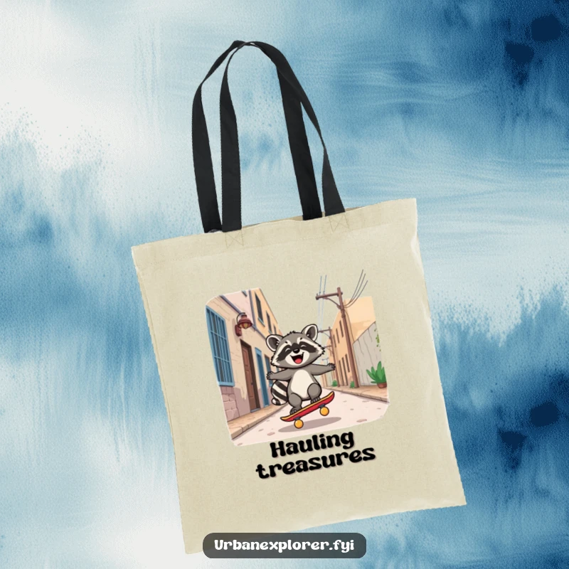 Funny Tote Bag: A joyful Kawaii raccoon riding a skateboard down a deserted alley, perfect for carrying essentials with flair.