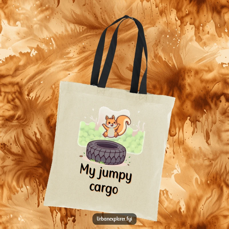 Funny Kawaii Squirrel Tote Bag, cute squirrel leaping over a discarded tire, practical and vibrant design, great funny gift.