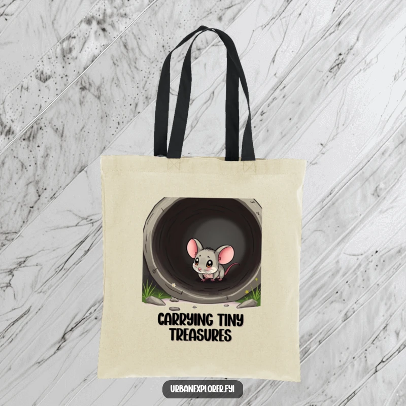 Funny mouse tote bag showing a tiny mouse exploring a large, discarded pipe, ideal for carrying essentials.