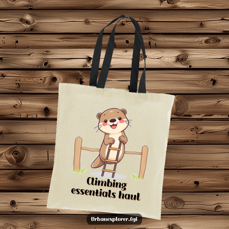 Funny otter character on a tote bag, humorously attempting to climb a fence with a small ladder for added charm.