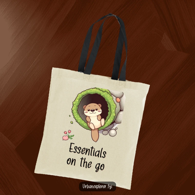 Funny Tote Bag featuring a joyful otter character sliding down a moss-covered drainpipe, perfect for carrying daily necessities with a smile.